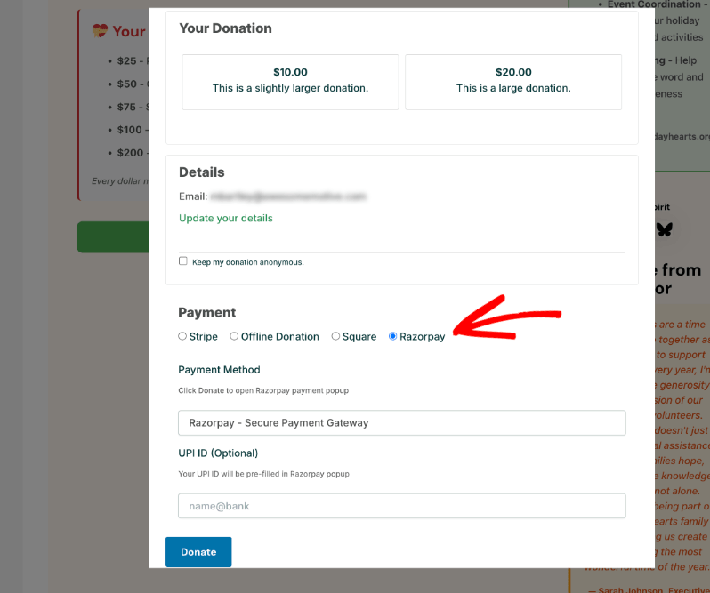 Razorpay on donation form | Charitable Razorpay on donation form