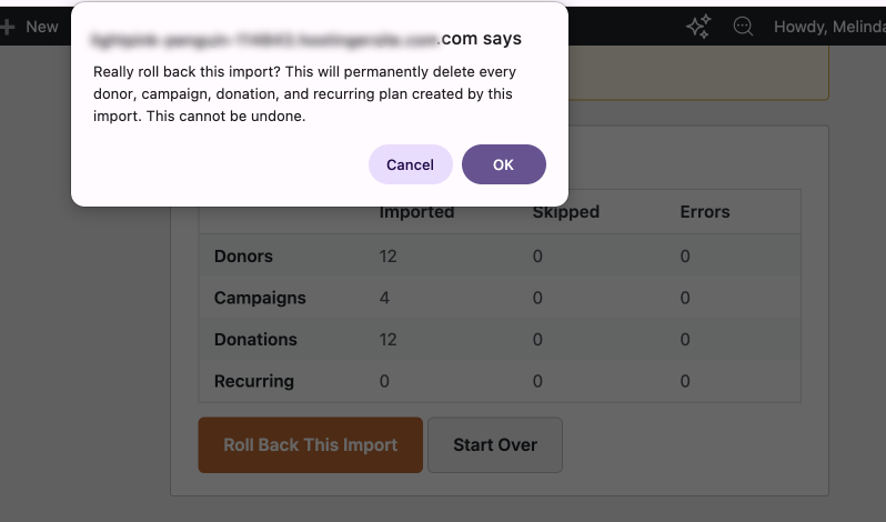 Rollback warning in donorbox import | Charitable Rollback warning in donorbox import