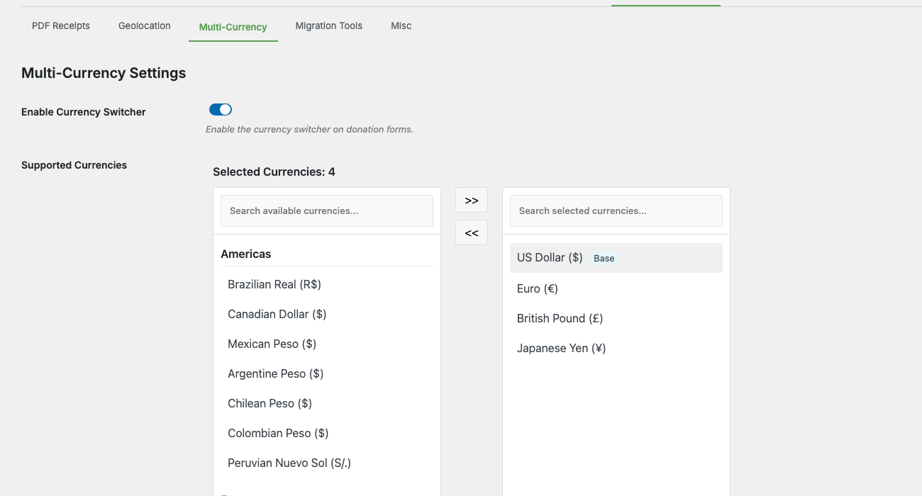 The Multi-Currency settings panel under Donations > Settings > Advanced showing supported currencies | Charitable The Multi-Currency settings panel under Donations > Settings > Advanced, showing supported currencies and the exchange rate table.