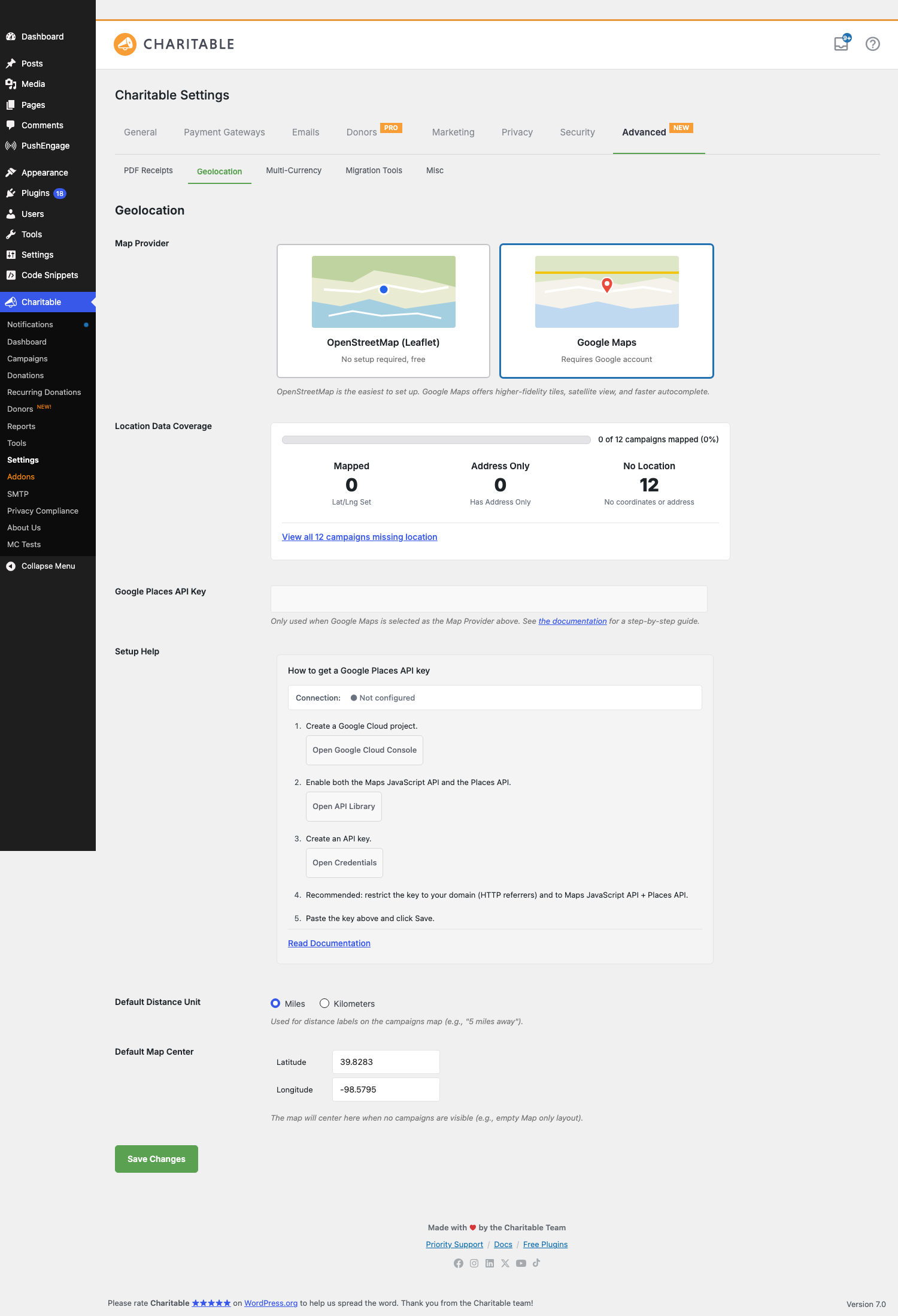 The Geolocation panel with Google Maps selected showing the Google Places API Key field the 5-step Setup | Charitable The Geolocation panel with Google Maps selected, showing the Google Places API Key field, the 5-step Setup Help panel, and the connection indicator.