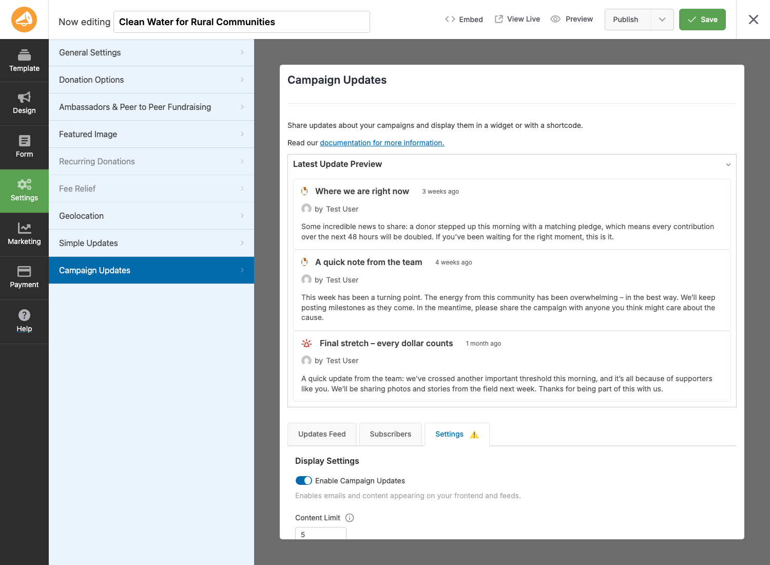 The Campaign Updates Settings tab inside the Campaign Builder showing Display Settings and Email | Charitable The Campaign Updates Settings tab inside the Campaign Builder, showing Display Settings and Email Notifications sections.