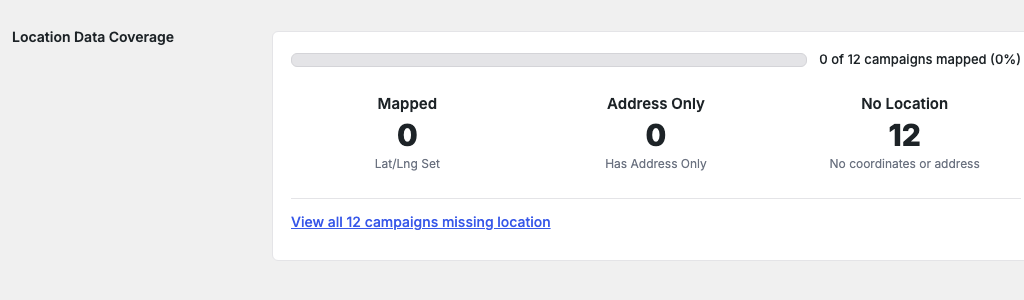 The Location Data Coverage card showing the mapped address-only and no-location campaign breakdown | Charitable The Location Data Coverage card showing the mapped, address-only, and no-location campaign breakdown.