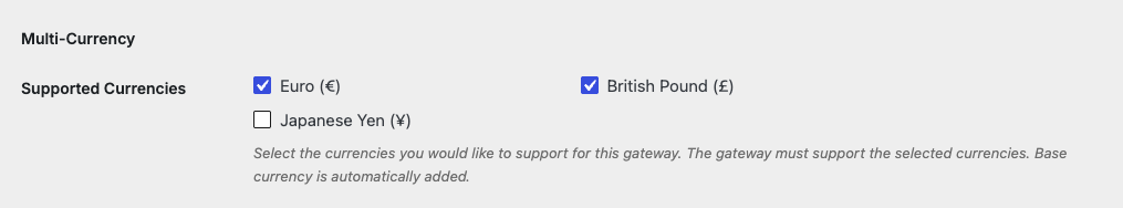 The Stripe gateway settings page showing a Multi-Currency section at the bottom with per-gateway | Charitable The Stripe gateway settings page showing a Multi-Currency section at the bottom with per-gateway supported-currency checkboxes.