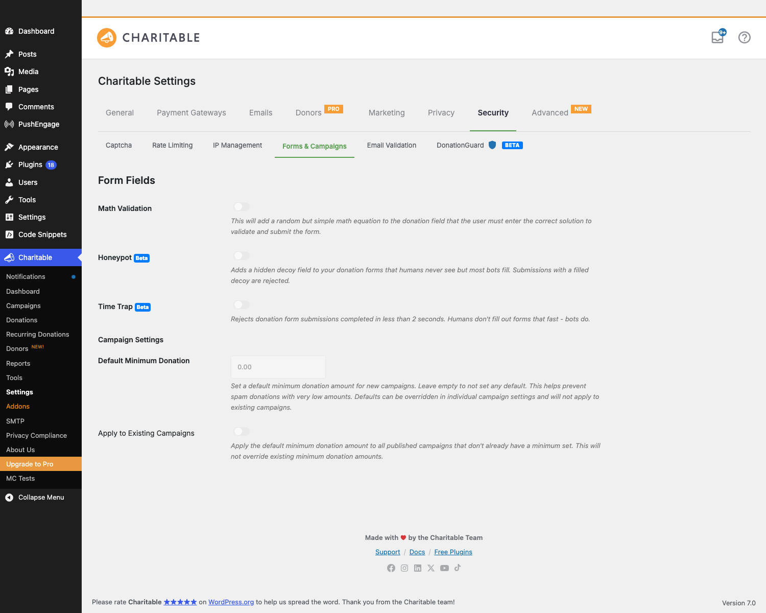 The Forms Campaigns sub-tab showing Math Validation Honeypot and Time Trap toggles plus Default | Charitable The Forms & Campaigns sub-tab showing Math Validation, Honeypot, and Time Trap toggles plus Default Minimum Donation.