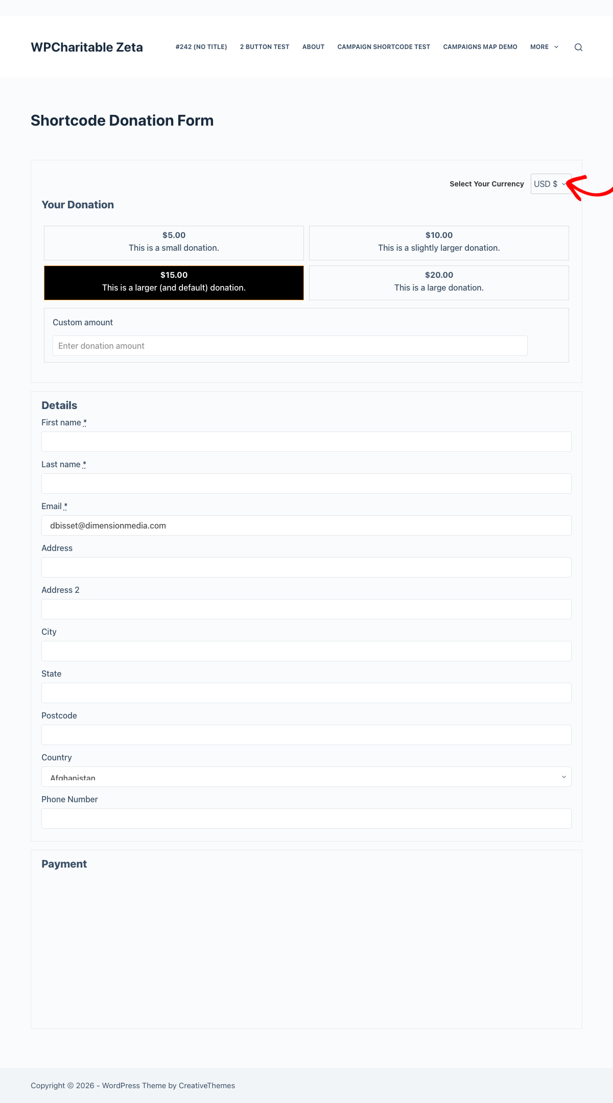 A Charitable donation form on the front end with the Select Your Currency dropdown in the top-right suggested | Charitable A Charitable donation form on the front end with the Select Your Currency dropdown in the top-right, suggested amount buttons, and the full donor details and payment fields below.