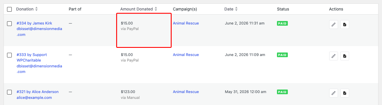 The Charitable donations list table in WordPress admin showing recent donations across multiple campaigns | Charitable The Charitable donations list table in WordPress admin, showing recent donations across multiple campaigns.