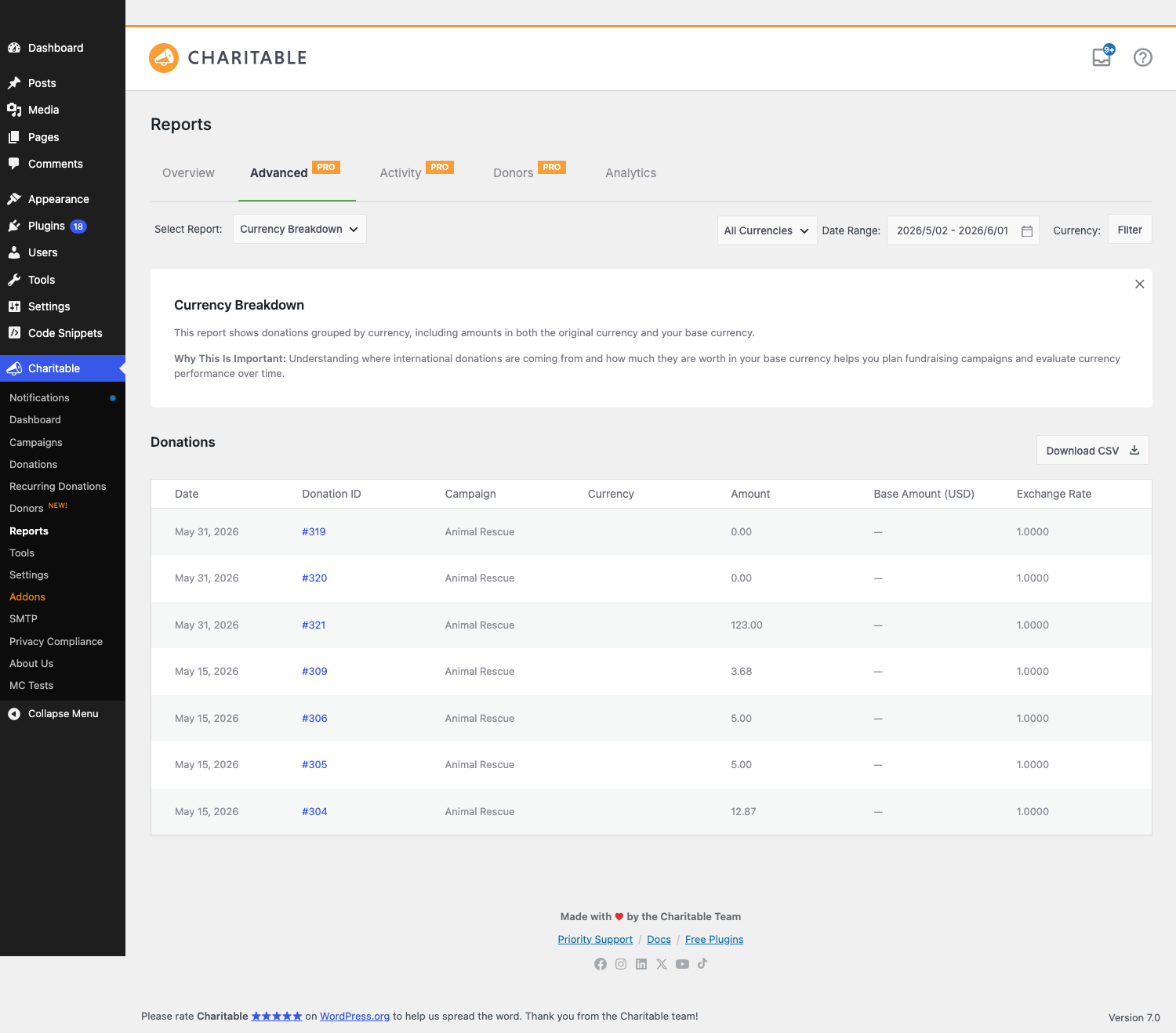 The Currency Breakdown report under Charitable > Reports > Advanced showing per-donation rows with | Charitable The Currency Breakdown report under Charitable > Reports > Advanced, showing per-donation rows with original currency, base amount, and exchange rate.