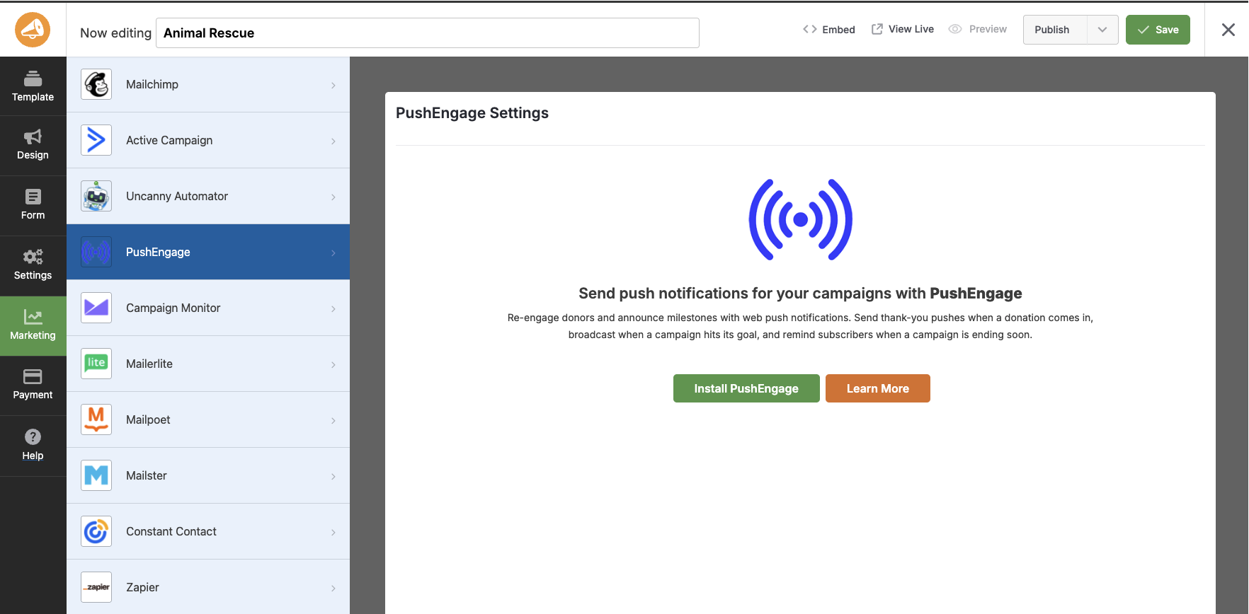 PushEngage settings inside the Charitable Campaign Builder Marketing tab