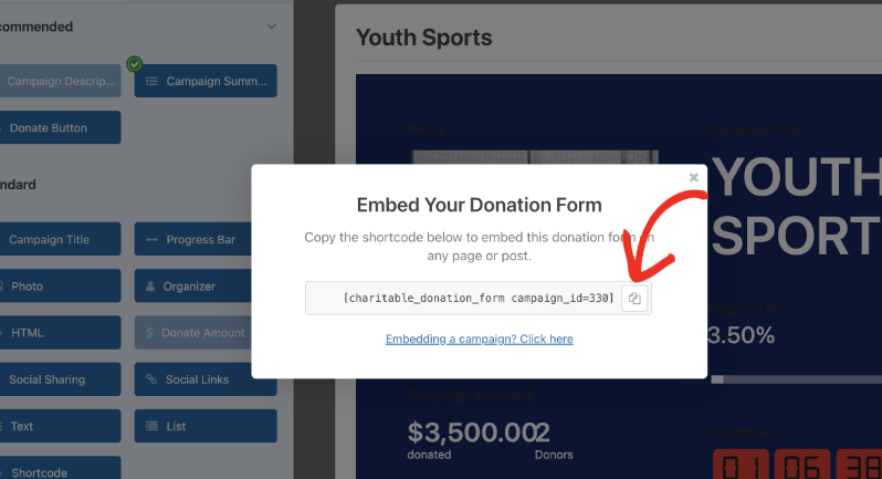 Copy embed code in campaign | Charitable Copy embed code in campaign