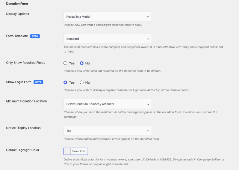 Donation form settings | Charitable Donation form settings