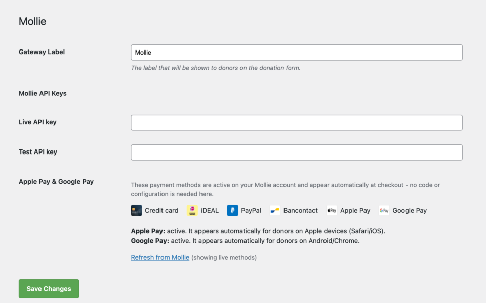 mollie-apple-google-pay-settings-panel | Charitable Apple Pay and Google Pay status panel inside Charitable's Mollie gateway settings, showing both payment methods active