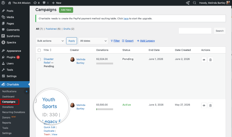 shortcode in campaigns page | Charitable shortcode in campaigns page