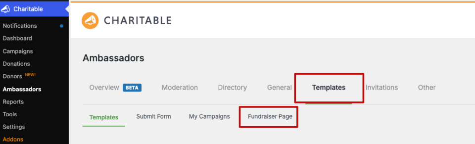template for fundraiser pages in ambassadors