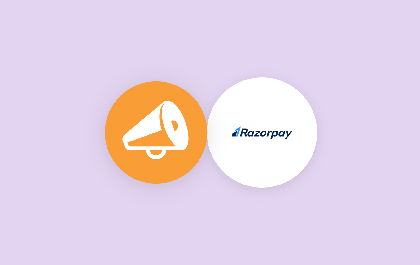 Orange circle with a white megaphone icon next to a white circle containing the Razorpay logo on a lavender background.