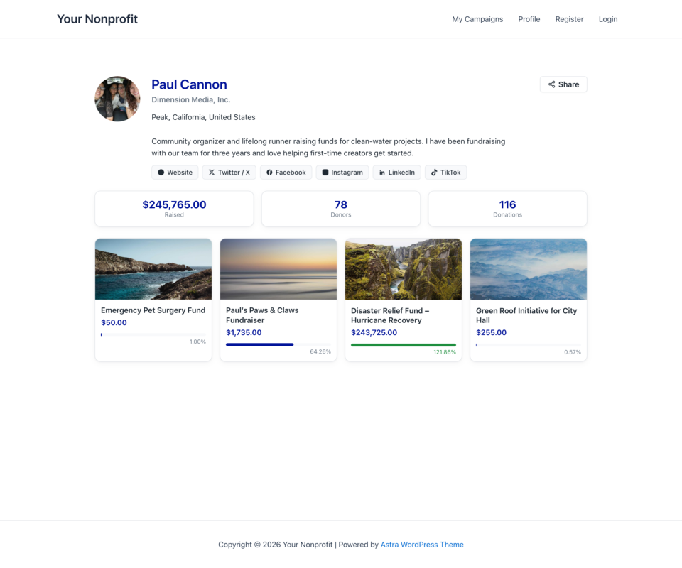 01-public-creator-page | Charitable Nonprofit profile: Paul Cannon with avatar, organization, location, bio, and fundraising stats for the page