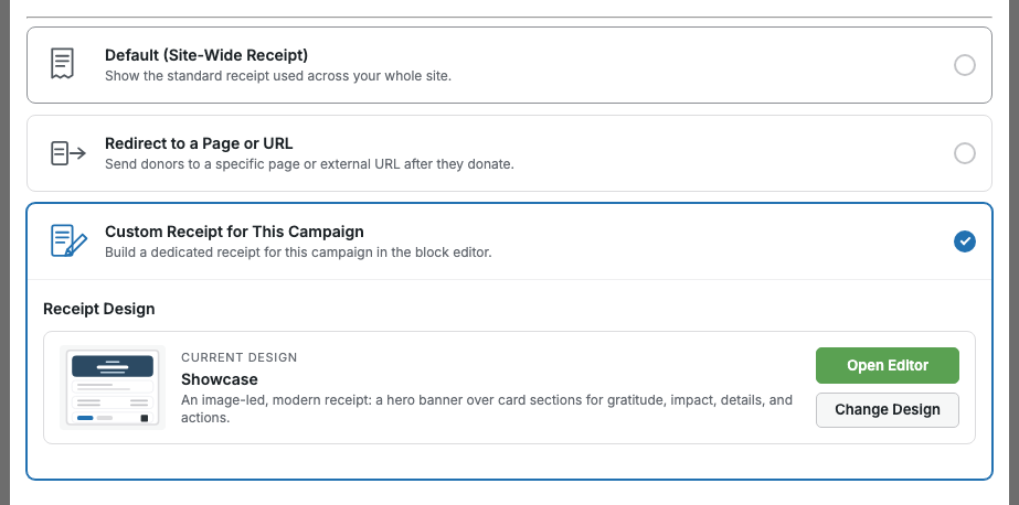 The Receipt panel for a campaign, with "Custom Receipt for This Campaign" selected and its design shown