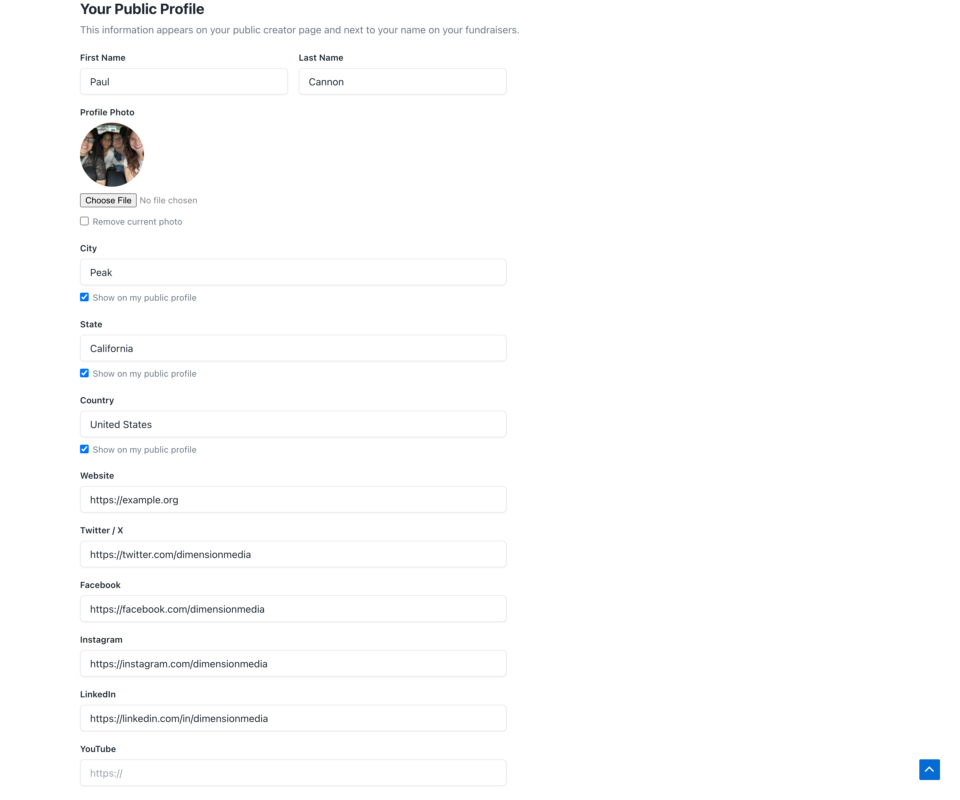 02-profile-tab | Charitable Public profile form with name fields, circular profile photo uploader, and social links.