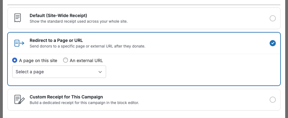 The Redirect options showing the page picker and the URL field | Charitable The Redirect options, showing the page picker and the URL field