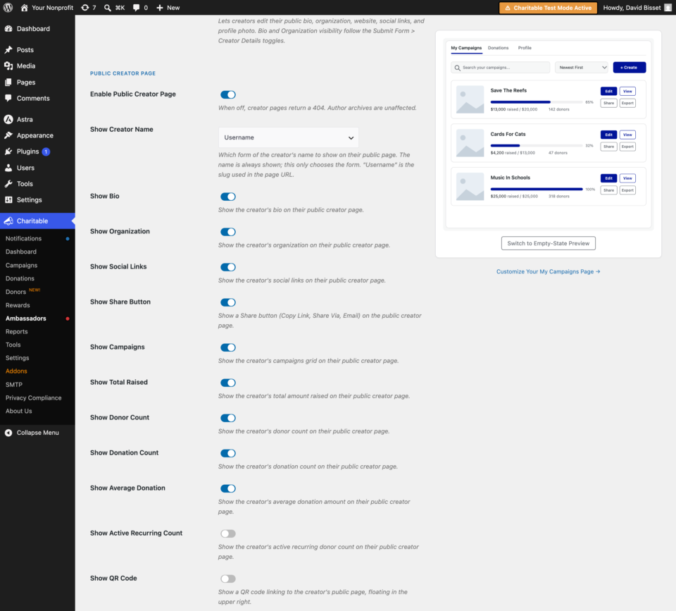 04-creator-page-settings | Charitable Charitable plugin settings page showing the Public Creator Page section with a toggle and descriptive text for each option.