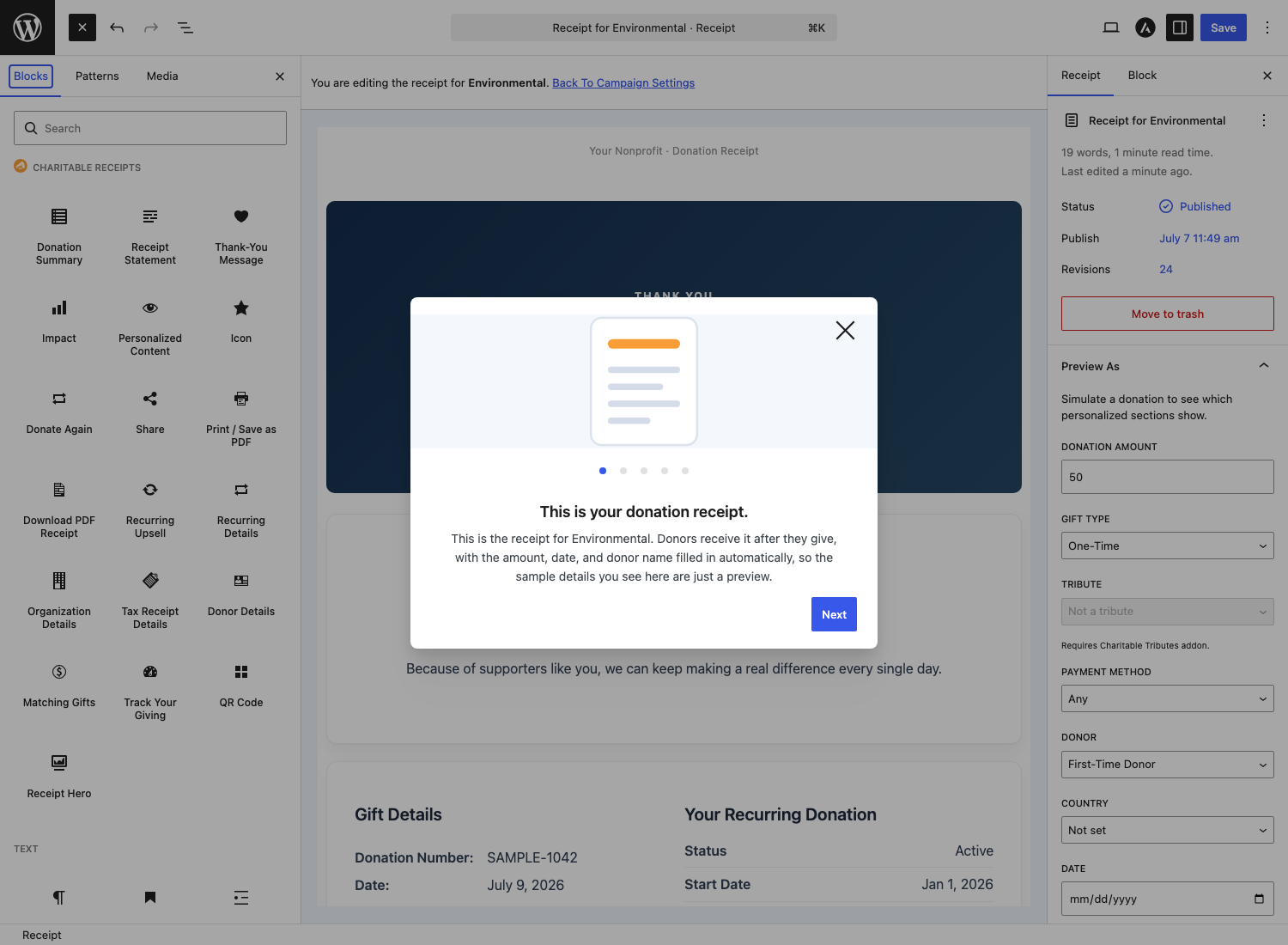The Custom Receipts welcome guide overlay in the receipt editor | Charitable The Custom Receipts welcome guide overlay in the receipt editor