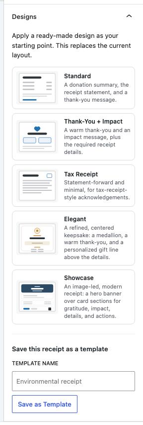 The Designs panel in the receipt editor, showing five ready-made receipt designs
