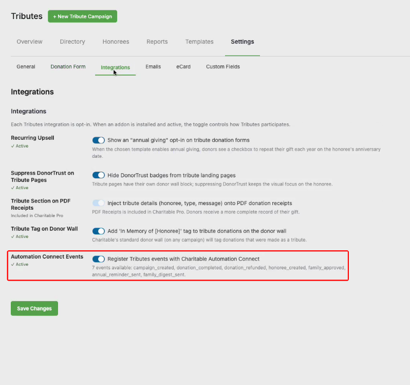 05-integrations-automation-connect | Charitable Tributes settings page, Integrations tab open; Automation Connect Events toggle is shown with its description and a Save Changes button below.