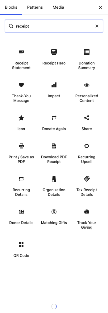 The block inserter showing the Charitable receipt blocks category | Charitable The block inserter showing the Charitable receipt blocks category