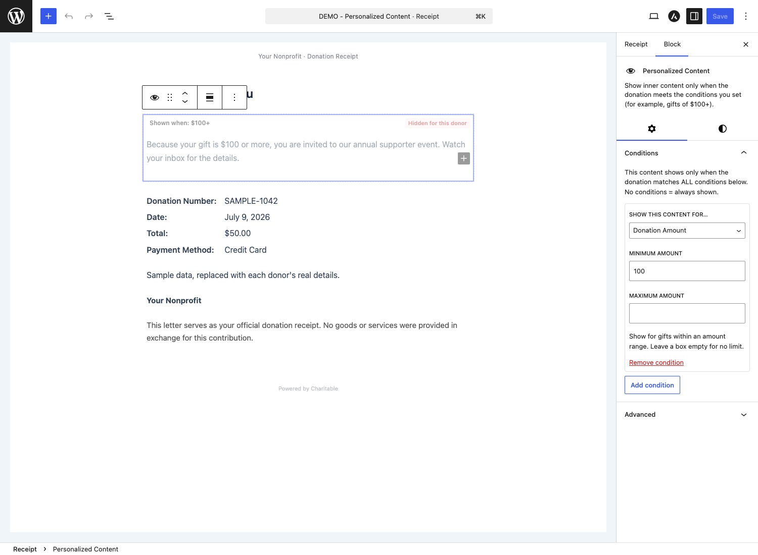 The Personalized Content block with its condition rules open in the sidebar | Charitable The Personalized Content block with its condition rules open in the sidebar