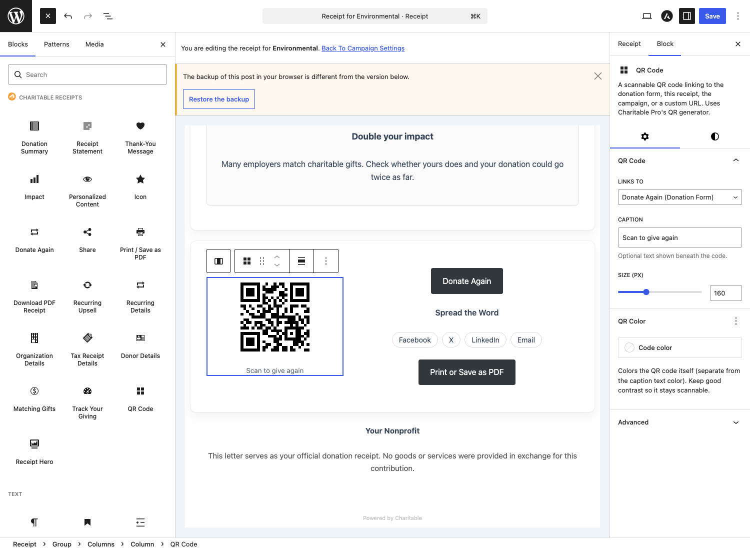 The QR Code block and its settings in the editor | Charitable The QR Code block and its settings in the editor