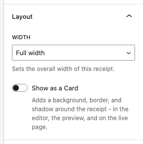 The receipt width and card framing controls in the sidebar | Charitable The receipt width and card framing controls in the sidebar