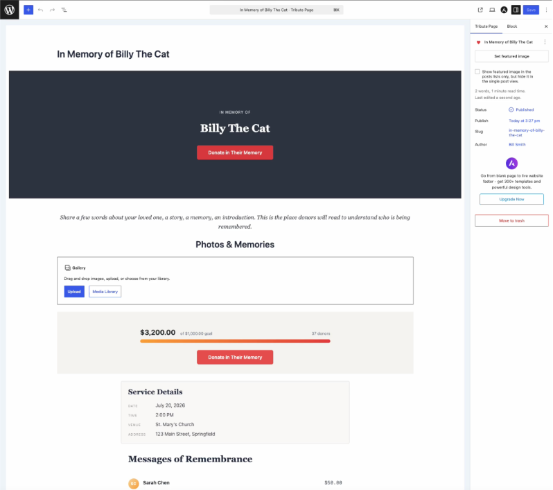 13-block-editor-full-view | Wohltätig Der WordPress-Blockeditor, geöffnet auf einer Ehrungsseite mit dem Titel „In Gedenken an Billy The Cat“, mit den Blöcken „Fotos und Erinnerungen“, „Zielanzeige“ und „Service-Details“