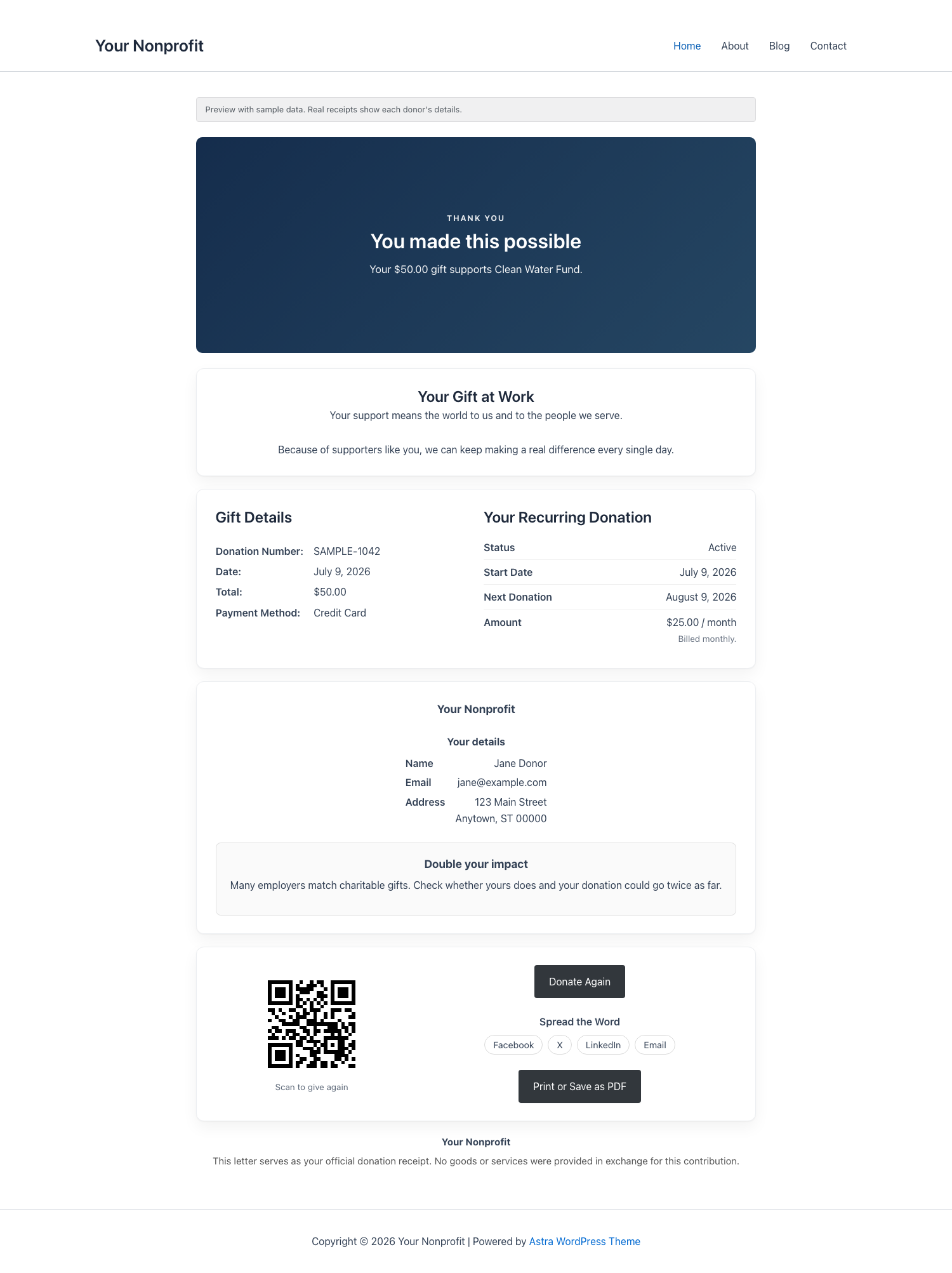 A custom receipt previewed on the front end with sample donation data | Charitable A custom receipt previewed on the front end with sample donation data