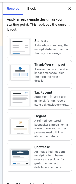 The Save as Template panel in the receipt editor | Charitable The Save as Template panel in the receipt editor