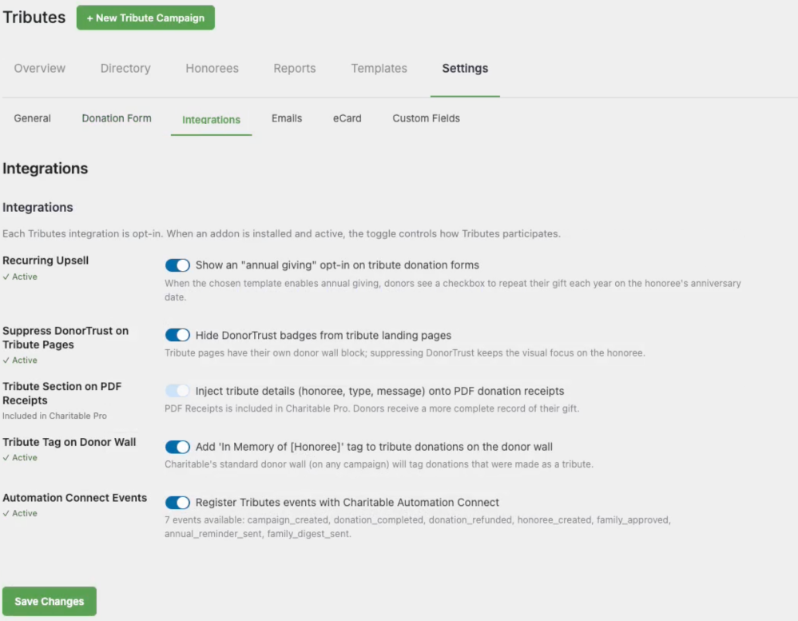 22-integrations-content | Charitable Tributes settings page showing Integrations section with multiple toggle switches and a Save Changes button at the bottom.