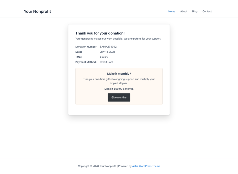 F1-wiederkehrend-Upsell | Charitable Vielen Dank für Ihre Spende! Der Beleg zeigt #SAMPLE-1042, 14. Juli 2026, 0,00 € per Kreditkarte, mit einer monatlichen Spendenoption darunter.