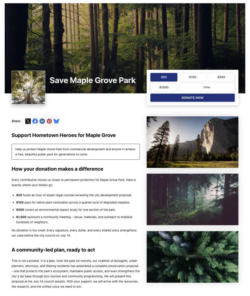 Screen Shot 2026-07-11 at 104245 PM | Charitable Forest with tall trees and sunlight for the Save Maple Grove Park fundraiser banner