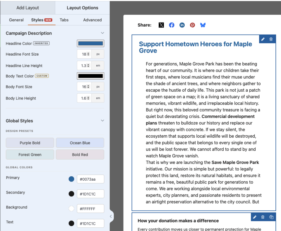 Screen Shot 2026-07-12 at 54533 PM | Charitable The new Styles tab open in the Campaign Builder's Design panel