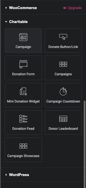 Screen Shot 2026-07-12 at 74739 PM | Charitable Charitable widgets grouped under the Charitable category in the Elementor widget panel