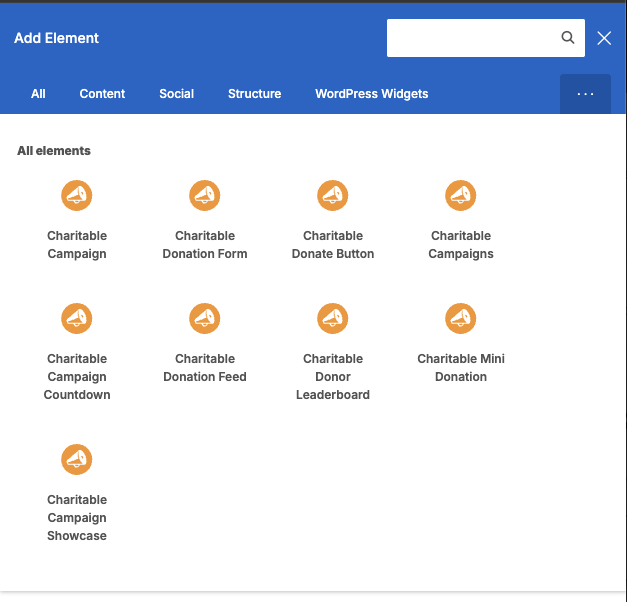 Screen Shot 2026-07-12 at 75544 PM | Charitable Charitable elements listed in the WPBakery Add Element library