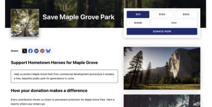 Fundraising page header for Save Maple Grove Park with a donation widget and a small square photo of a sunlit tree thumbnail on the left.