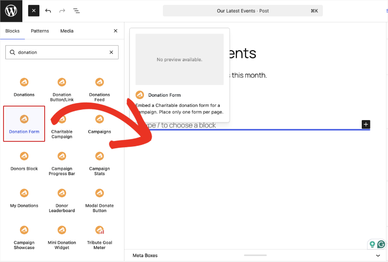 Searching for the Donation Form block in the WordPress block inserter.