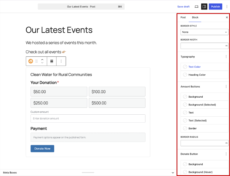 The Donation Form block's styling controls in the sidebar, including Border Style, Typography, and Amount Buttons.