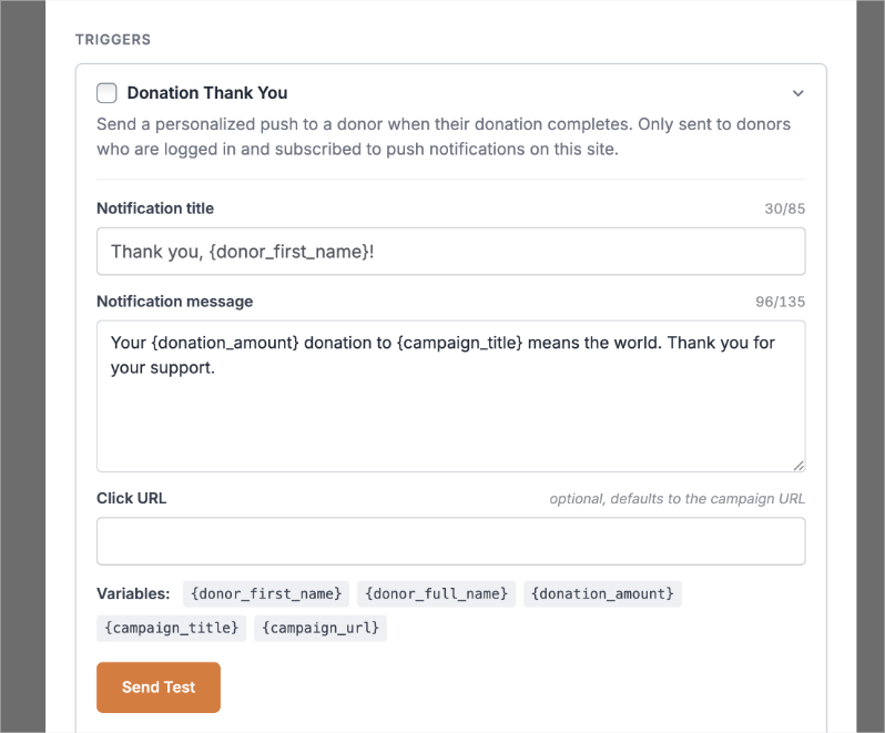 donation thank you message push notification | Charitable Trigger settings panel for Donation Thank You: customize title, message, URL, and variables with a Send Test button.
