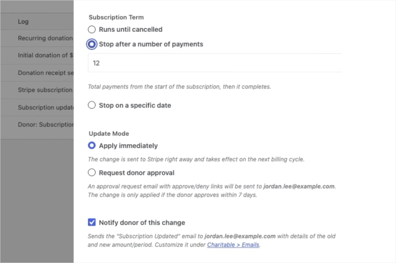 fixed term subscription option | Charitable Subscription terms panel showing Stop after a number of payments set to 12 and an informational note about total payments remaining.