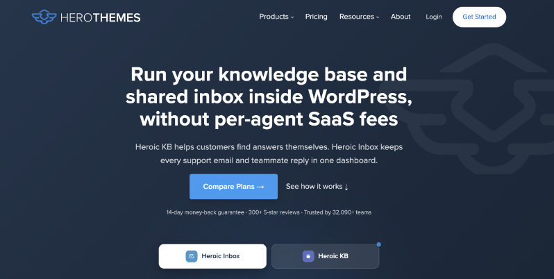 hero themes homepage | Charitable Hero section promoting WordPress knowledge base and shared inbox without per-agent SaaS fees, with a prominent 'Compare Plans' CTA and navigation bar in a dark blue header