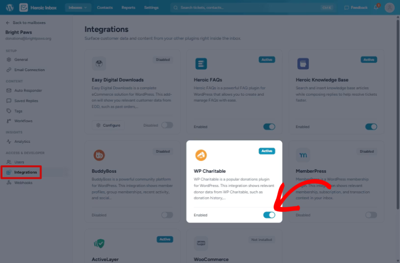 heroic inbox integration | Charitable The WP Charitable integration card in Heroic Inbox's mailbox settings, showing the integration active and enabled with a short description of what it does.
