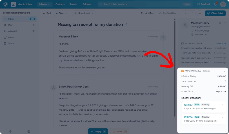 heroic inbox spotlight | Charitable A donor's giving history, including lifetime total, average gift, and a list of recent donations with status badges, shown in the Heroic Inbox conversation sidebar.