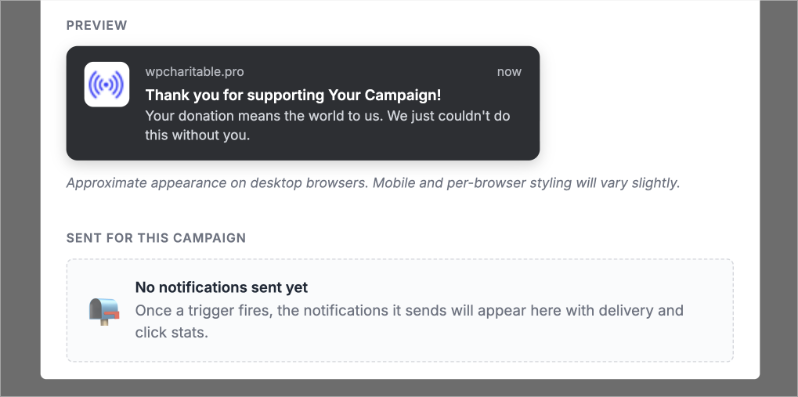 preview push notification in charitable | Charitable Preview of a donation thank-you notification: dark banner with a thank-you message and a'No notifications sent yet' panel with a mailbox icon.