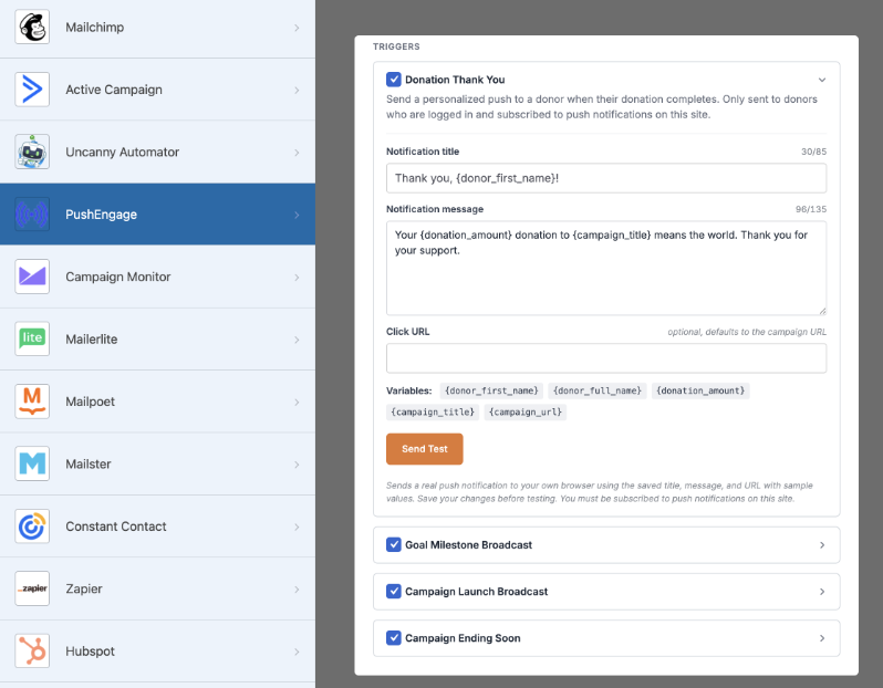 pushengage triggers | Charitable Dashboard UI showing a left navigation with apps (Mailchimp, Active Campaign, PushEngage) and a right-side Trigger settings panel for a Donation Thank You message.