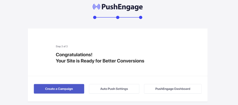 pushengage wizard complete | Charitable Confirmation screen: Your site is ready for better conversions with three action buttons (Create a Campaign, Auto Push Settings, PushEngage Dashboard).